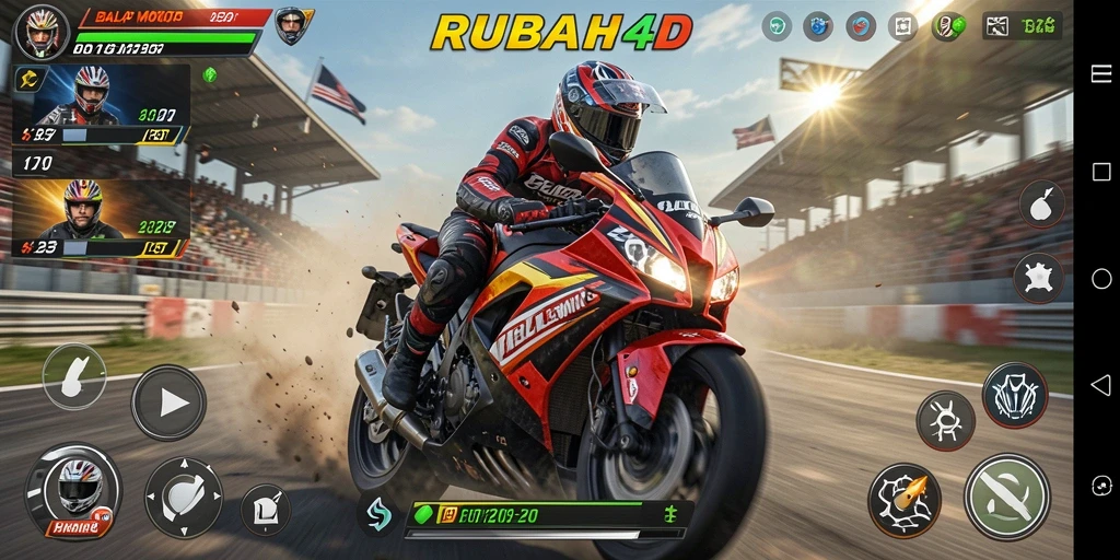 Screenshot gameplay RUBAH4D menampilkan balapan motor yang mendebarkan.
